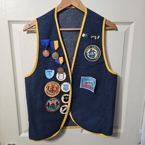 Vintage Royal Ambassadors Christian Dark Denim Jean Vest‎ Embroiderd Patches S